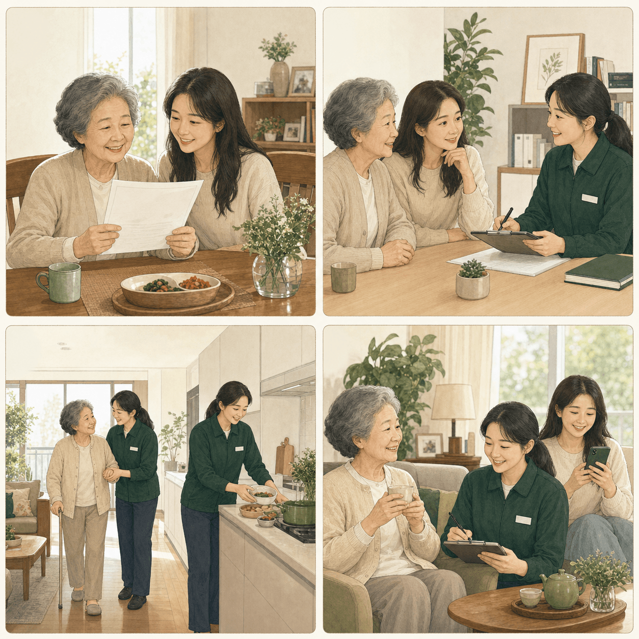 장기요양 인정 확인, 상담, 가정 방문 돌봄, 기록 확인의 네 단계를 보여주는 그림
