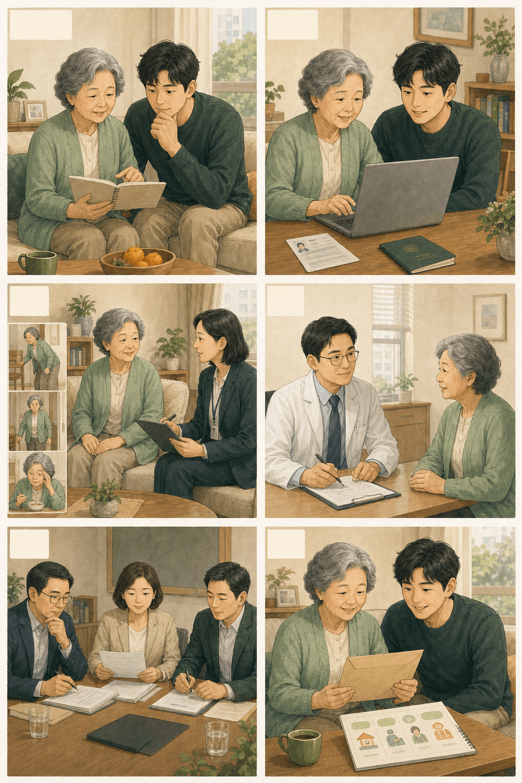 신청 대상 확인, 신청서 제출, 방문조사, 의사소견서, 등급판정, 결과 확인의 여섯 단계를 보여주는 그림