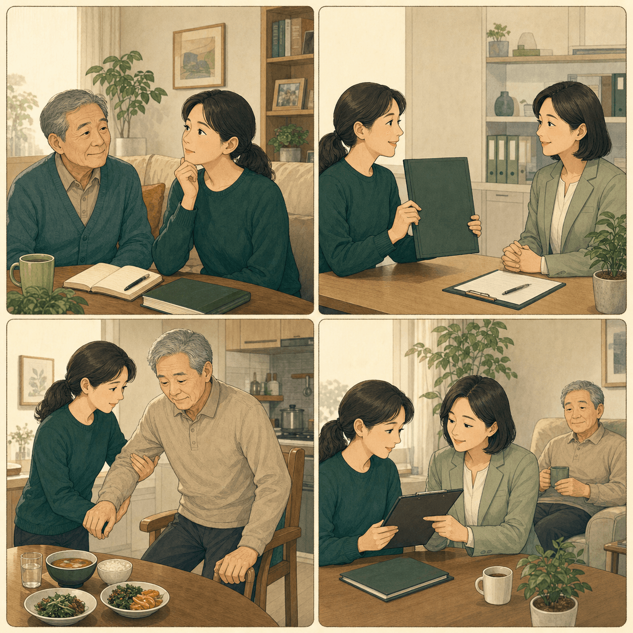가족요양 조건 확인, 센터 상담, 가족의 돌봄 제공, 기관 기록 관리의 네 단계를 보여주는 그림