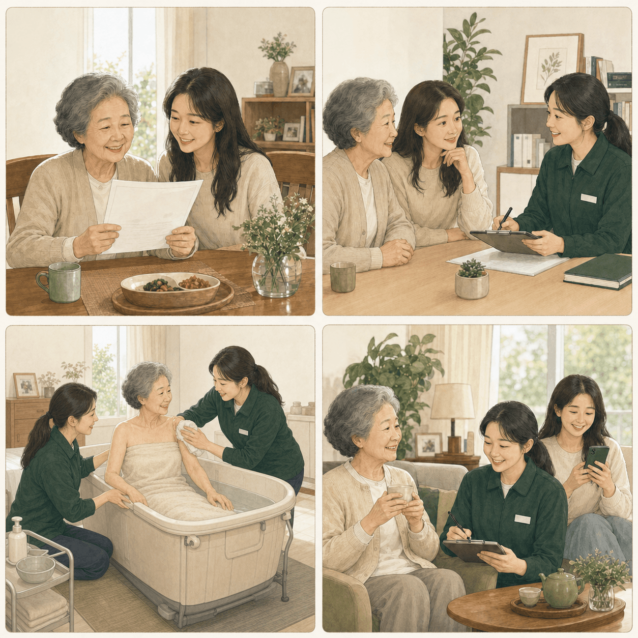 이용 확인, 상담, 두 요양보호사의 방문목욕, 기록 확인의 네 단계를 보여주는 그림